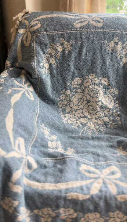 Vintage Blue and White Country Posies Cotton Throw Blanket from Avon Bedding