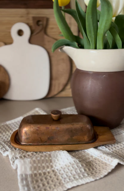 RARE Vintage Copper and Wood Butter Dish