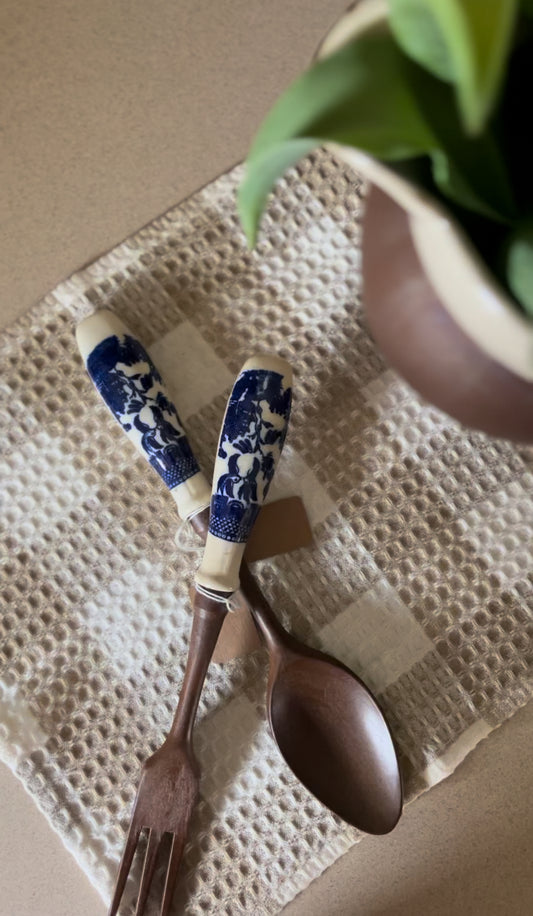 Japanese Blue and White Salad Spoon and Fork Set