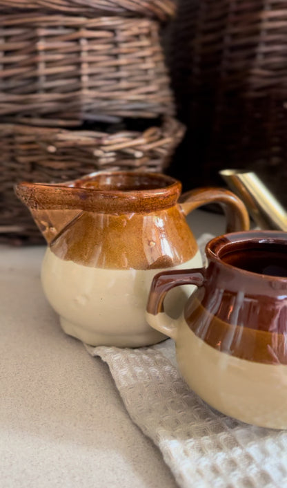 Brown Stoneware Creamer and Sugar Dish (Sold Separately)