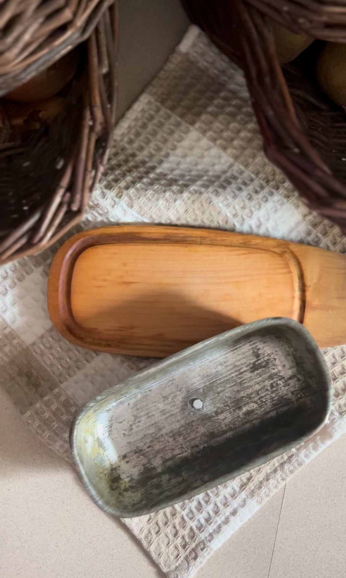 RARE Vintage Copper and Wood Butter Dish