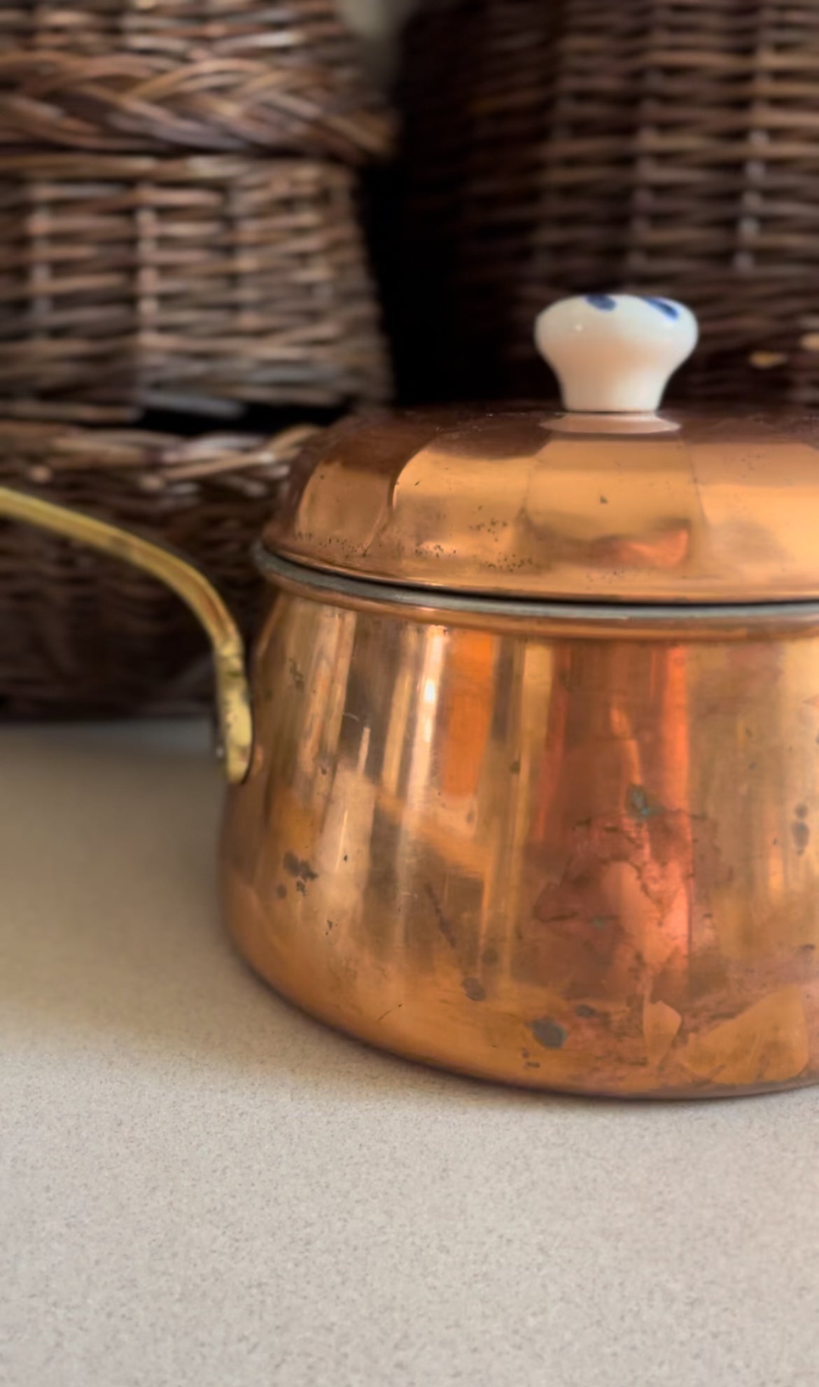 Vintage Copper Pot with Brass Handles and Blue/White Knob