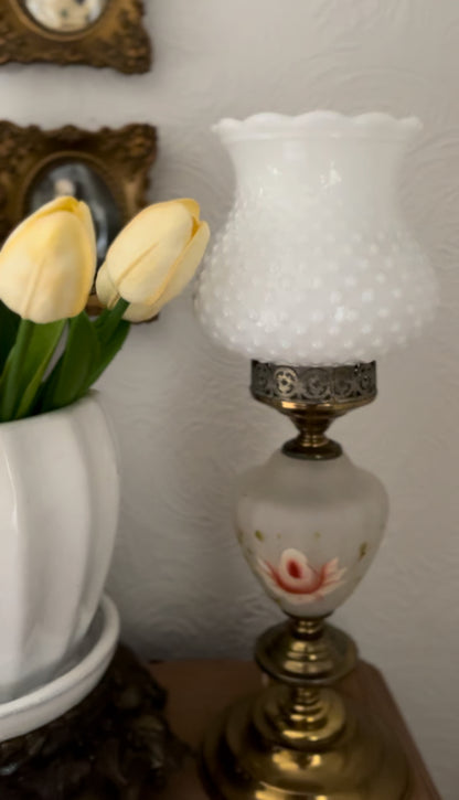 Vintage Brass Floral Lamp with Milk Glass Hobnail Shade