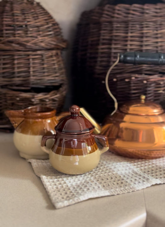 Brown Stoneware Creamer and Sugar Dish (Sold Separately)