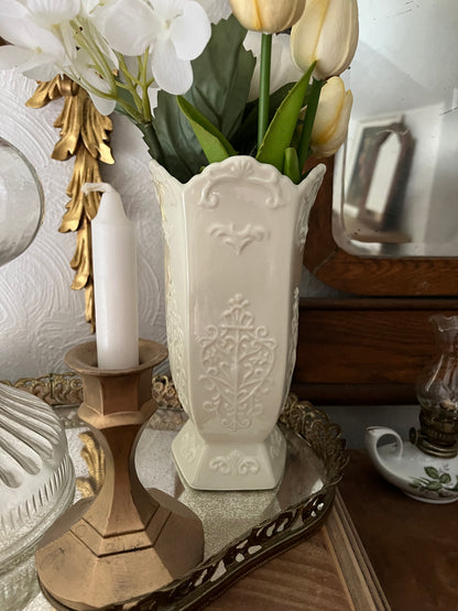 Cream-colored Ceramic Vase with Ornate Design