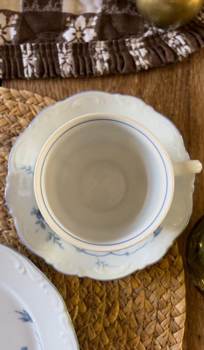 Set of 6 Blue and White Mitterteich Bavarian Teacups and Saucers