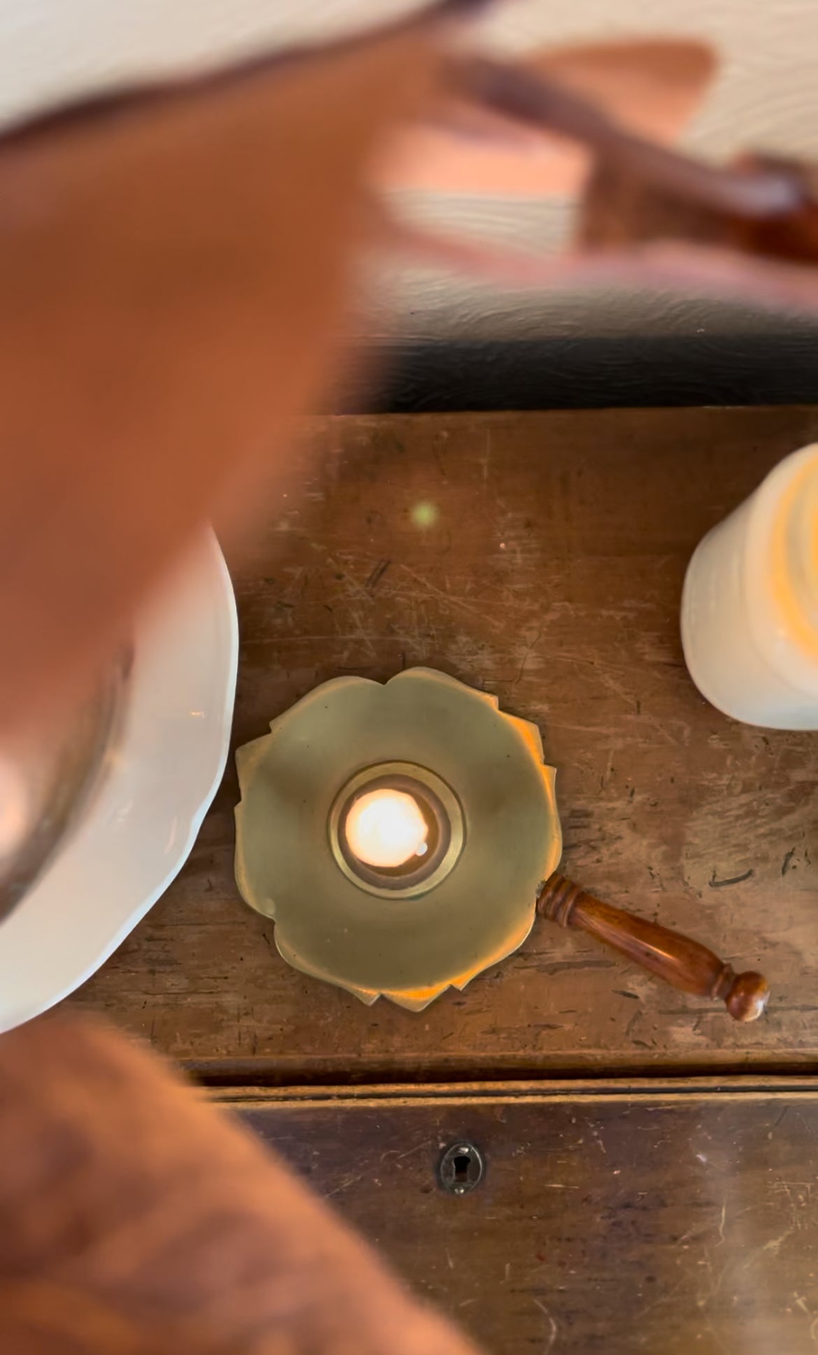 Brass Leaf Candle Holder with Wooden Handle