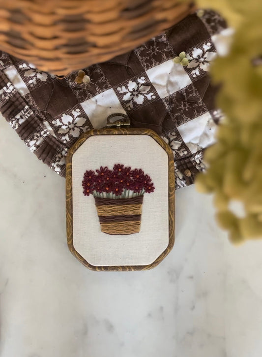 Burgundy Colored Mum in Basket Embroidery