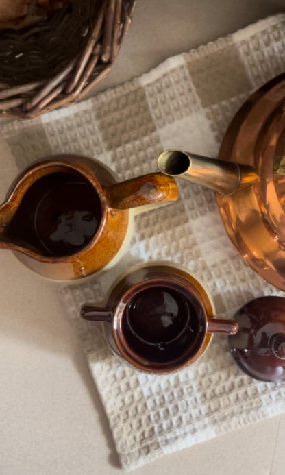 Brown Stoneware Creamer and Sugar Dish (Sold Separately)