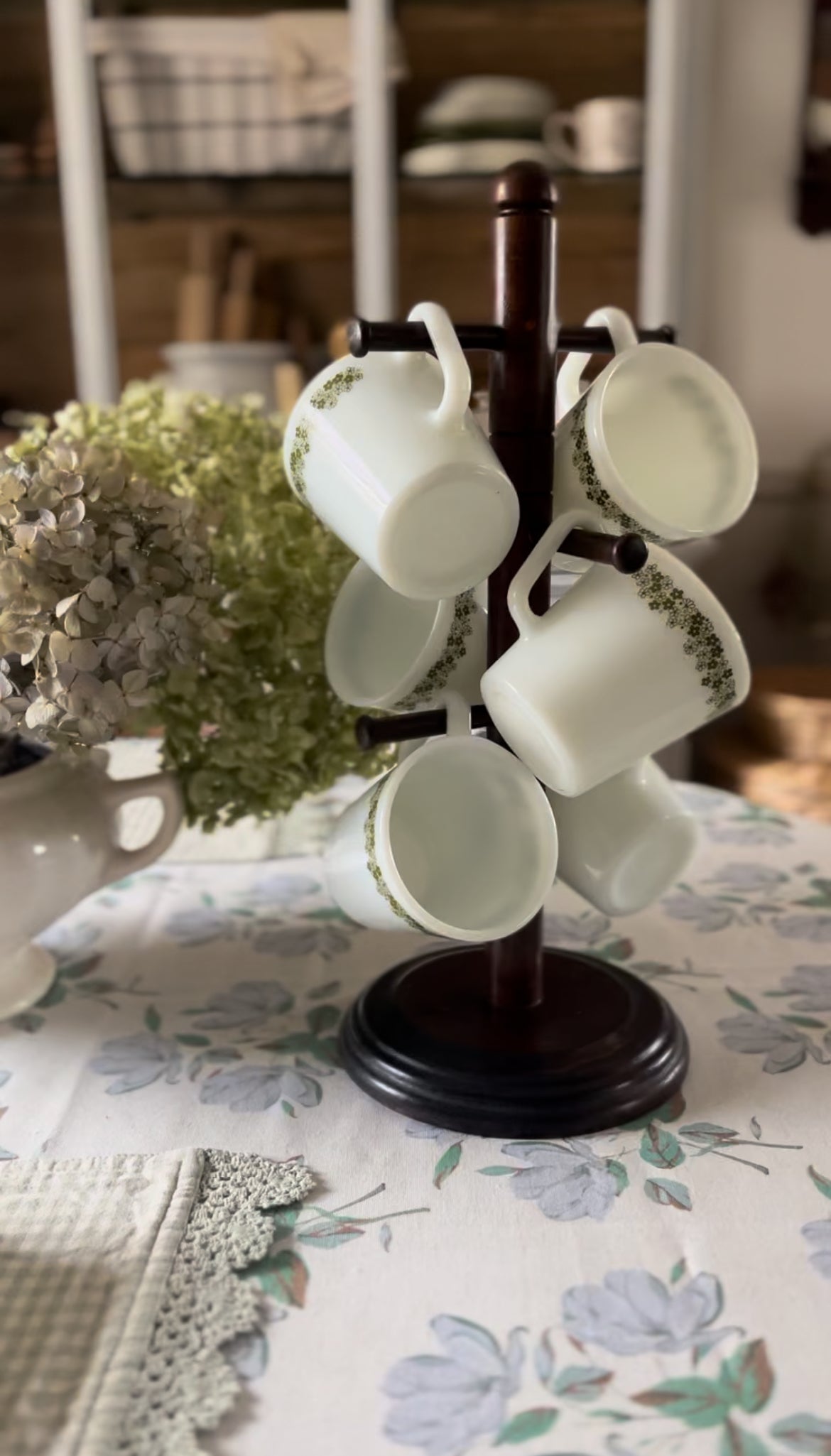 Set of Six Pyrex Green Floral Mugs with Mug Tree