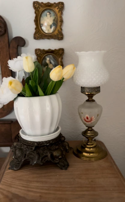 Vintage Brass Floral Lamp with Milk Glass Hobnail Shade