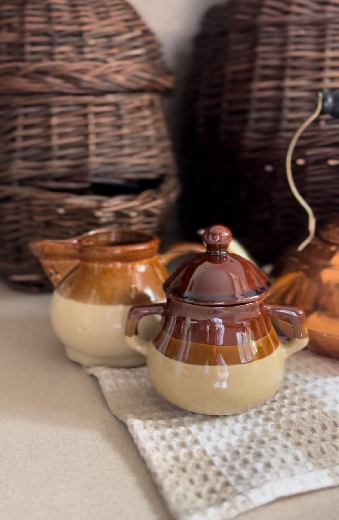 Brown Stoneware Creamer and Sugar Dish (Sold Separately)