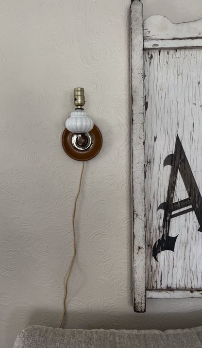 Vintage Milk Glass and Wood Wall-Mounted Lamp with Plug