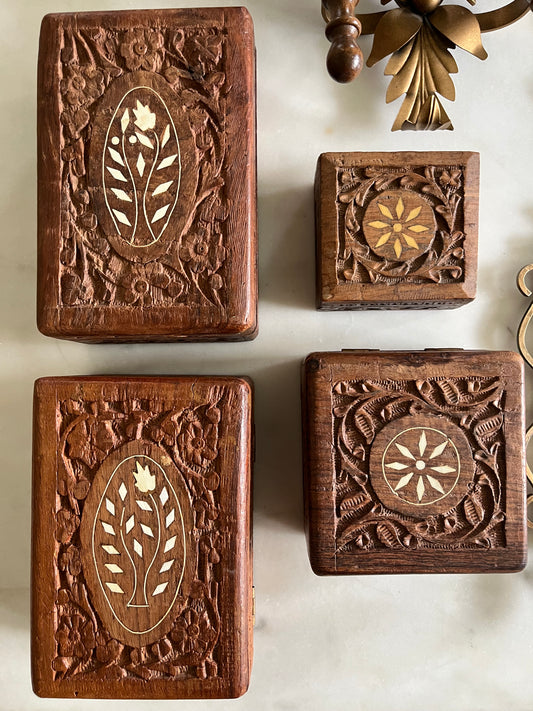 Set of 4 Wood Carved Trinket Jewelry Boxes with Inlay Flower Design