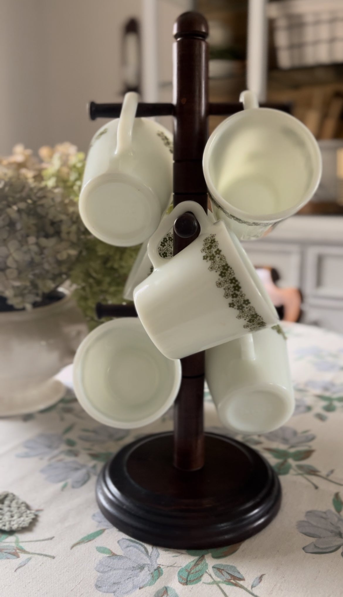 Set of Six Pyrex Green Floral Mugs with Mug Tree