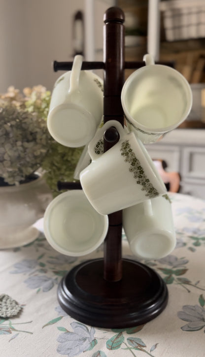 Set of Six Pyrex Green Floral Mugs with Mug Tree