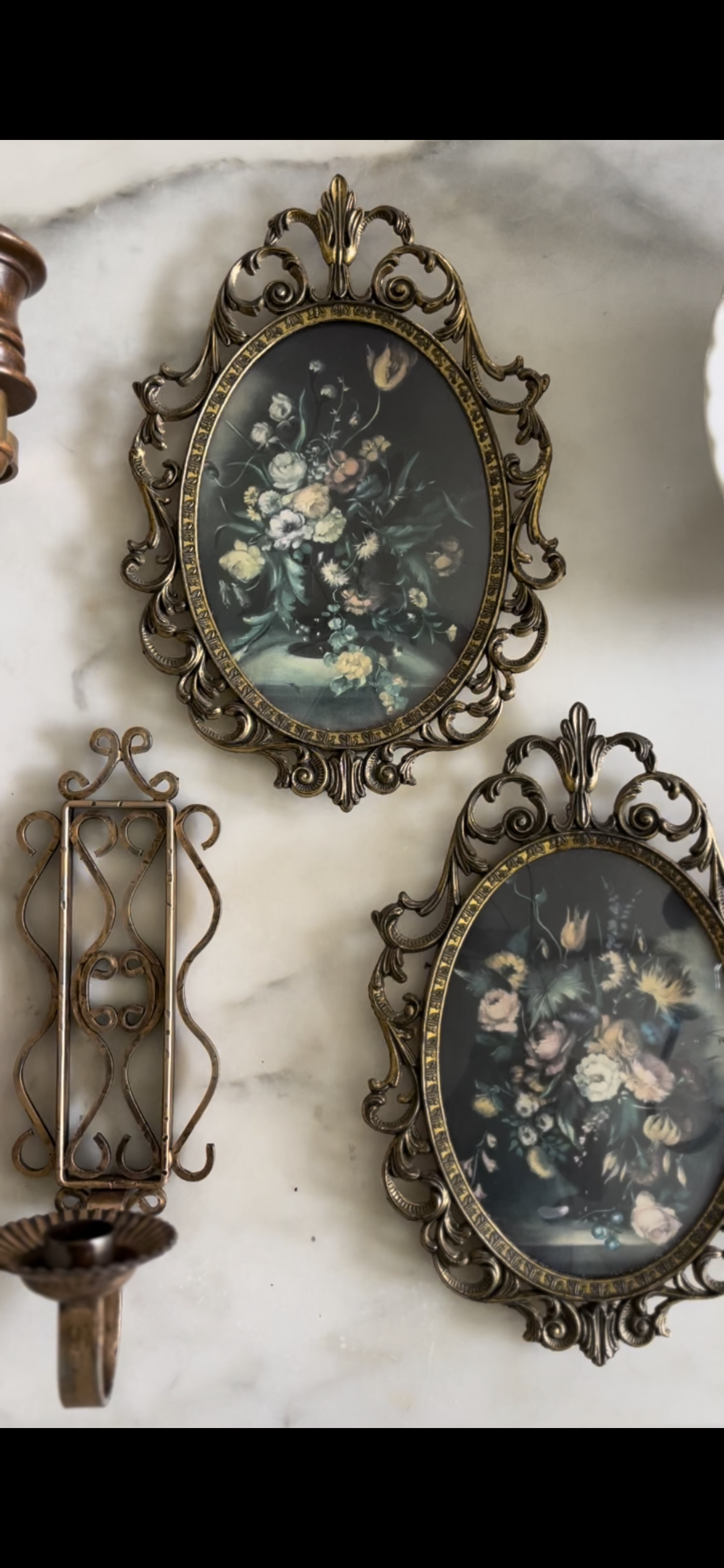 Set of 2 Vintage Ornate Brass Frames with Floral Prints (made in Italy)