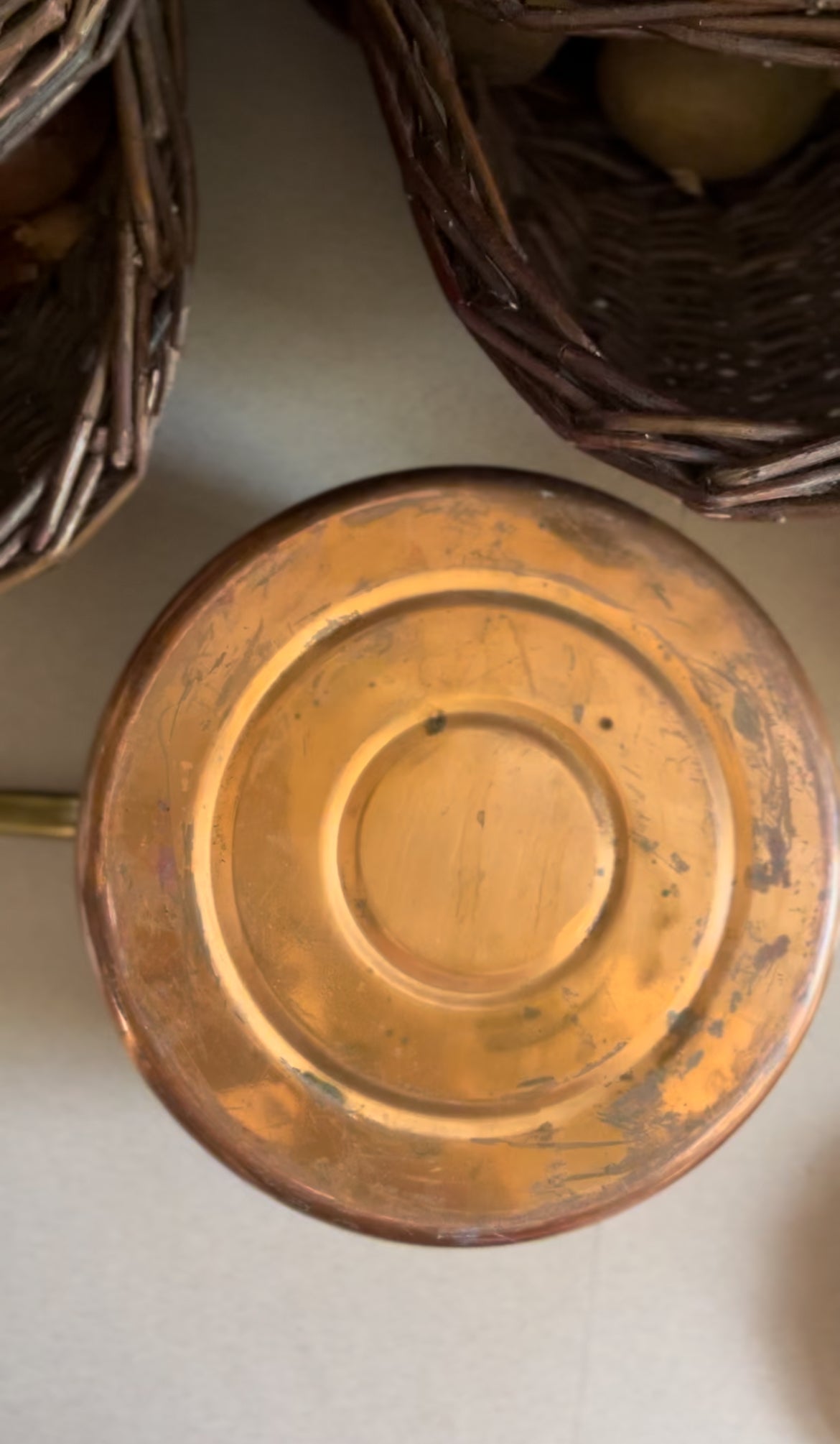 Vintage Copper Pot with Brass Handles and Blue/White Knob