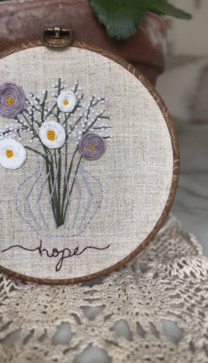 Peony and Baby's Breath Vase Embroidery