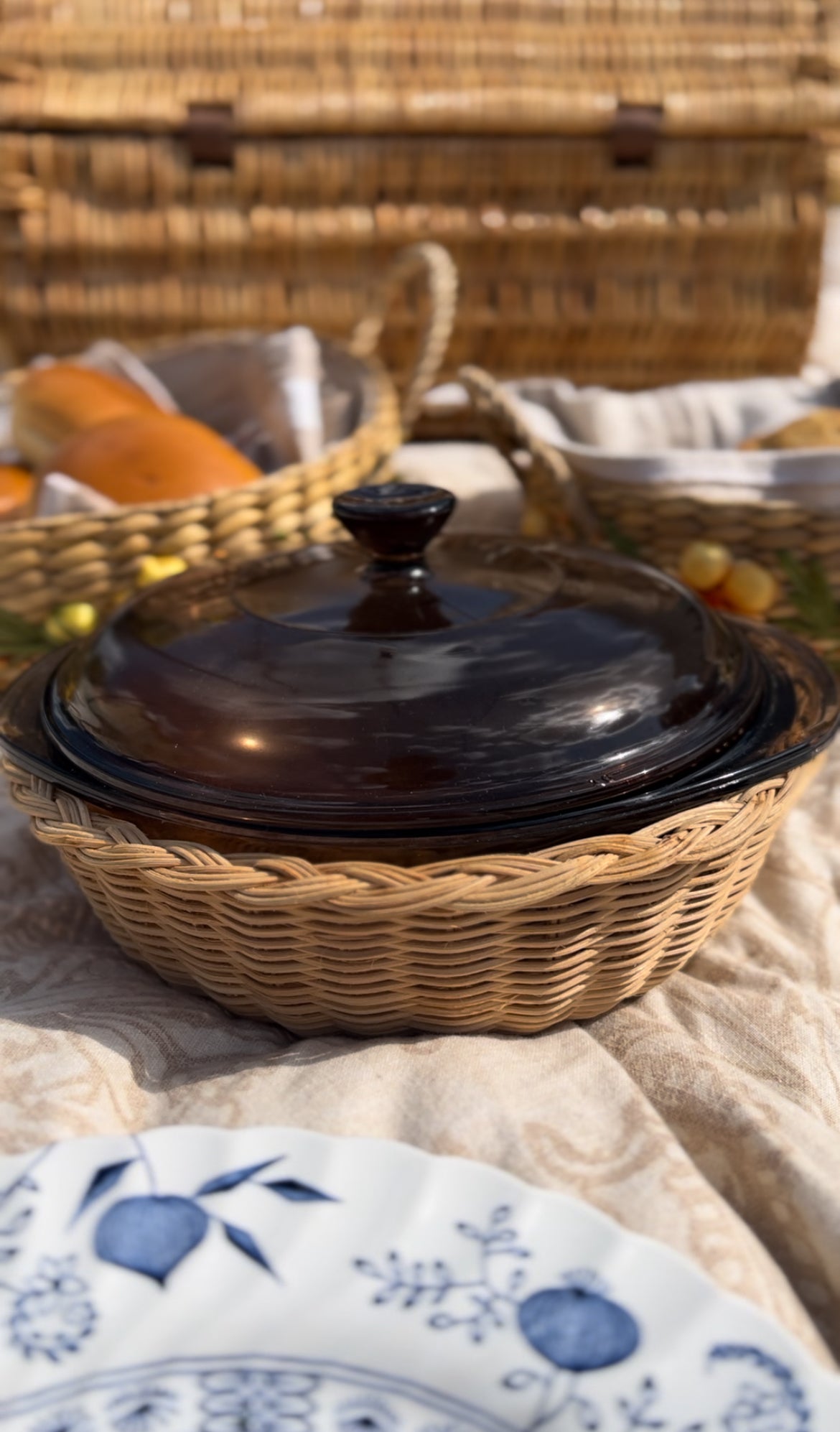 Brown Glass Pyrex in Basket