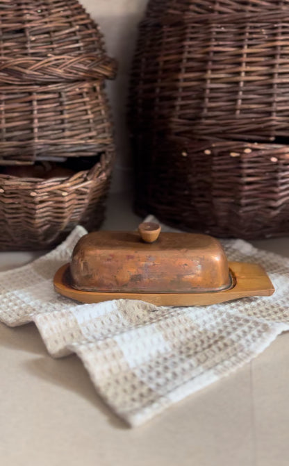 RARE Vintage Copper and Wood Butter Dish