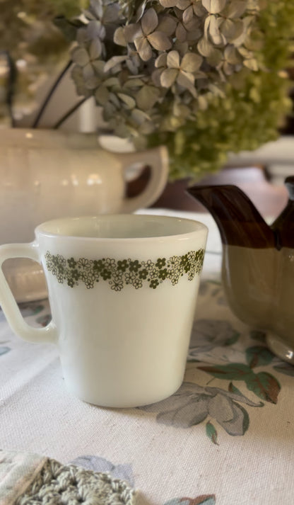 Set of Six Pyrex Green Floral Mugs with Mug Tree