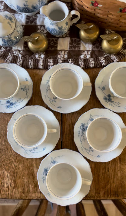 Set of 6 Blue and White Mitterteich Bavarian Teacups and Saucers