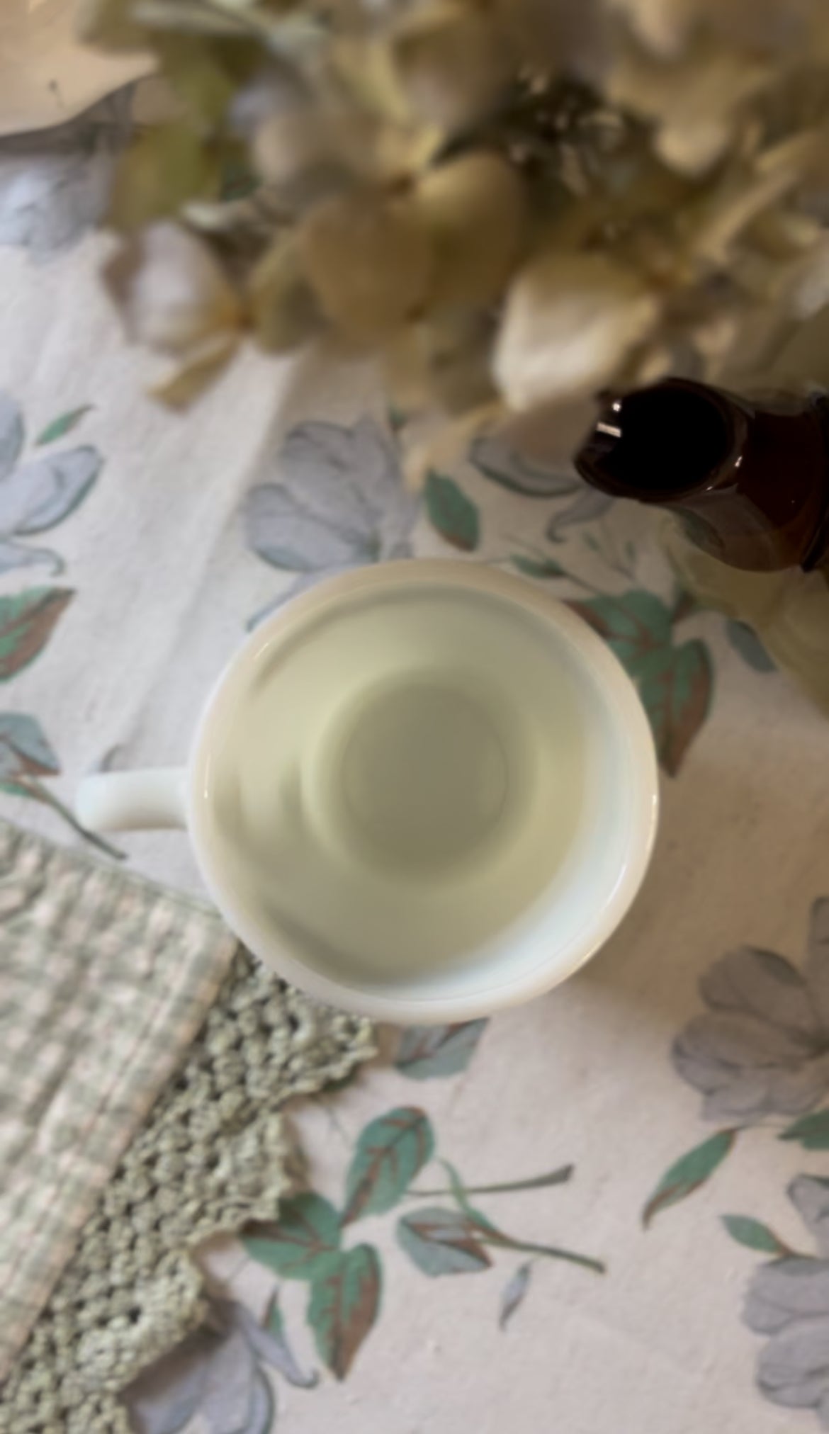 Set of Six Pyrex Green Floral Mugs with Mug Tree