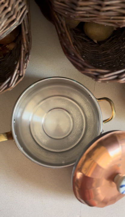 Vintage Copper Pot with Brass Handles and Blue/White Knob