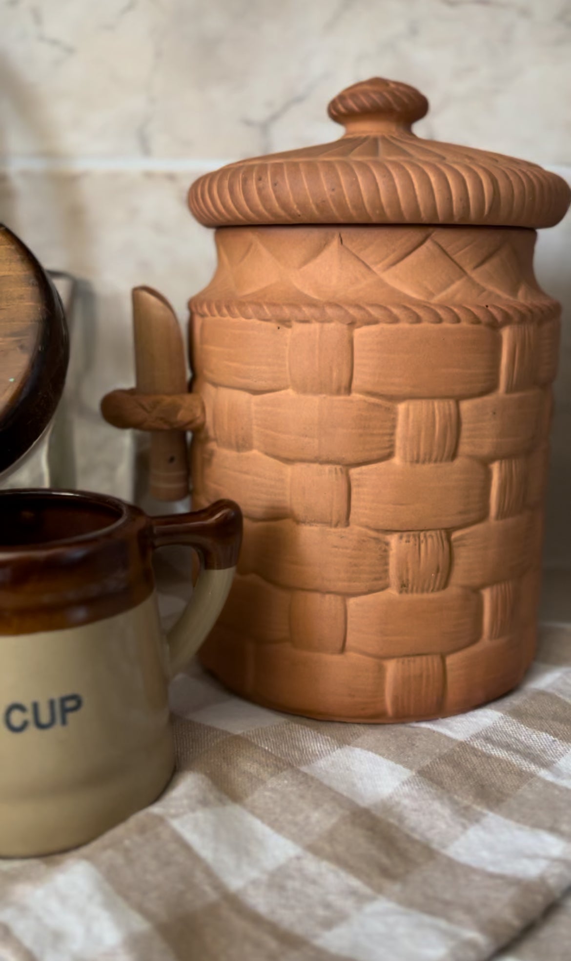 Terra Cotta Basket Weave Canister (with wooden spoon)