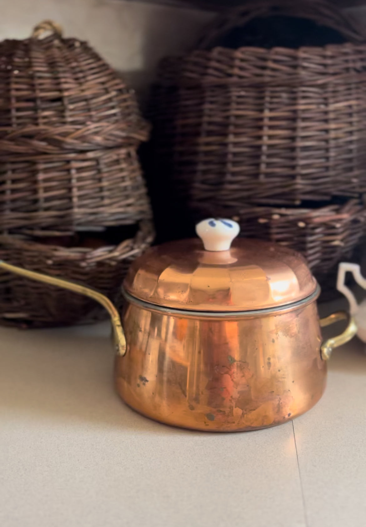 Vintage Copper Pot with Brass Handles and Blue/White Knob