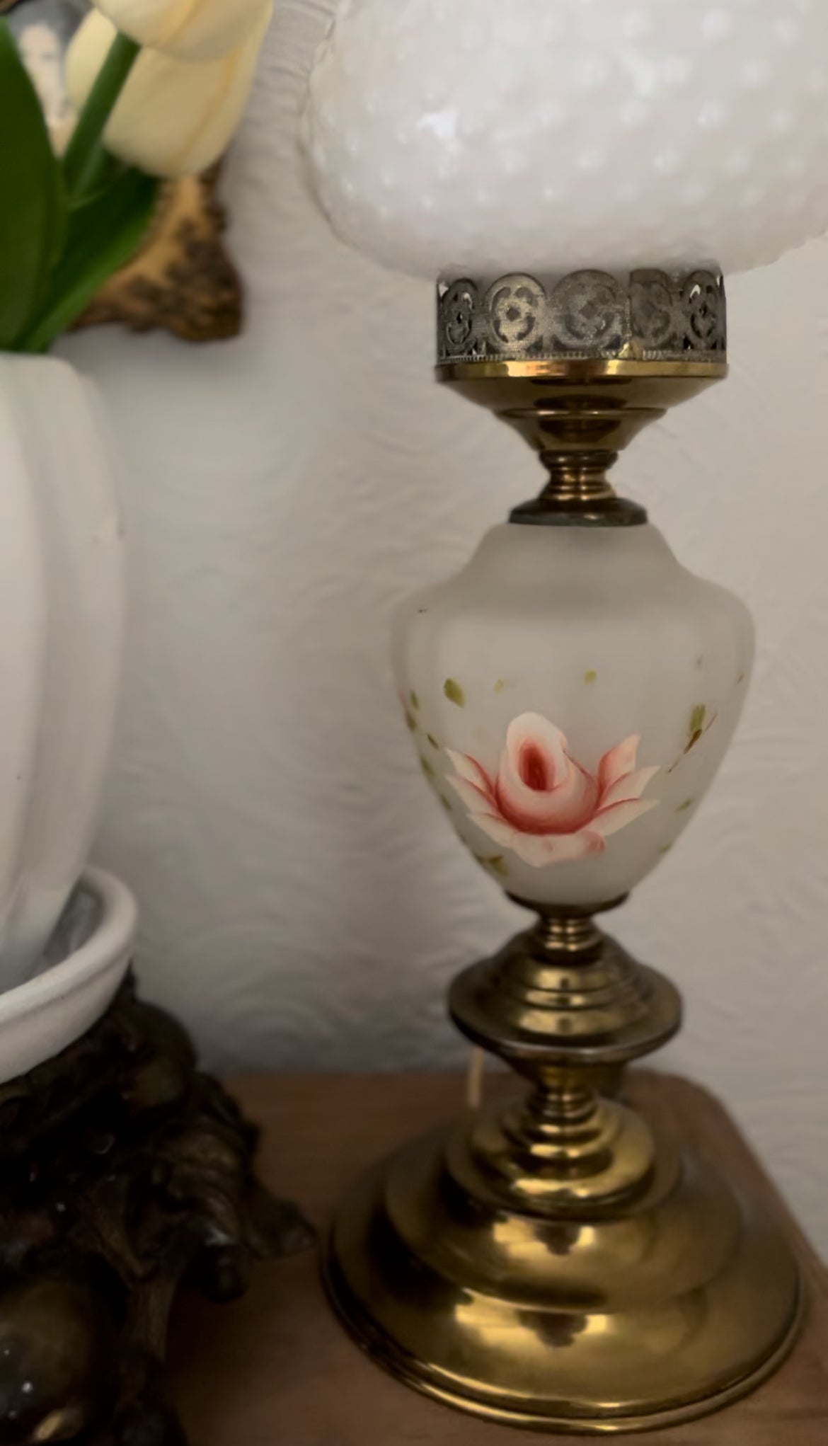 Vintage Brass Floral Lamp with Milk Glass Hobnail Shade