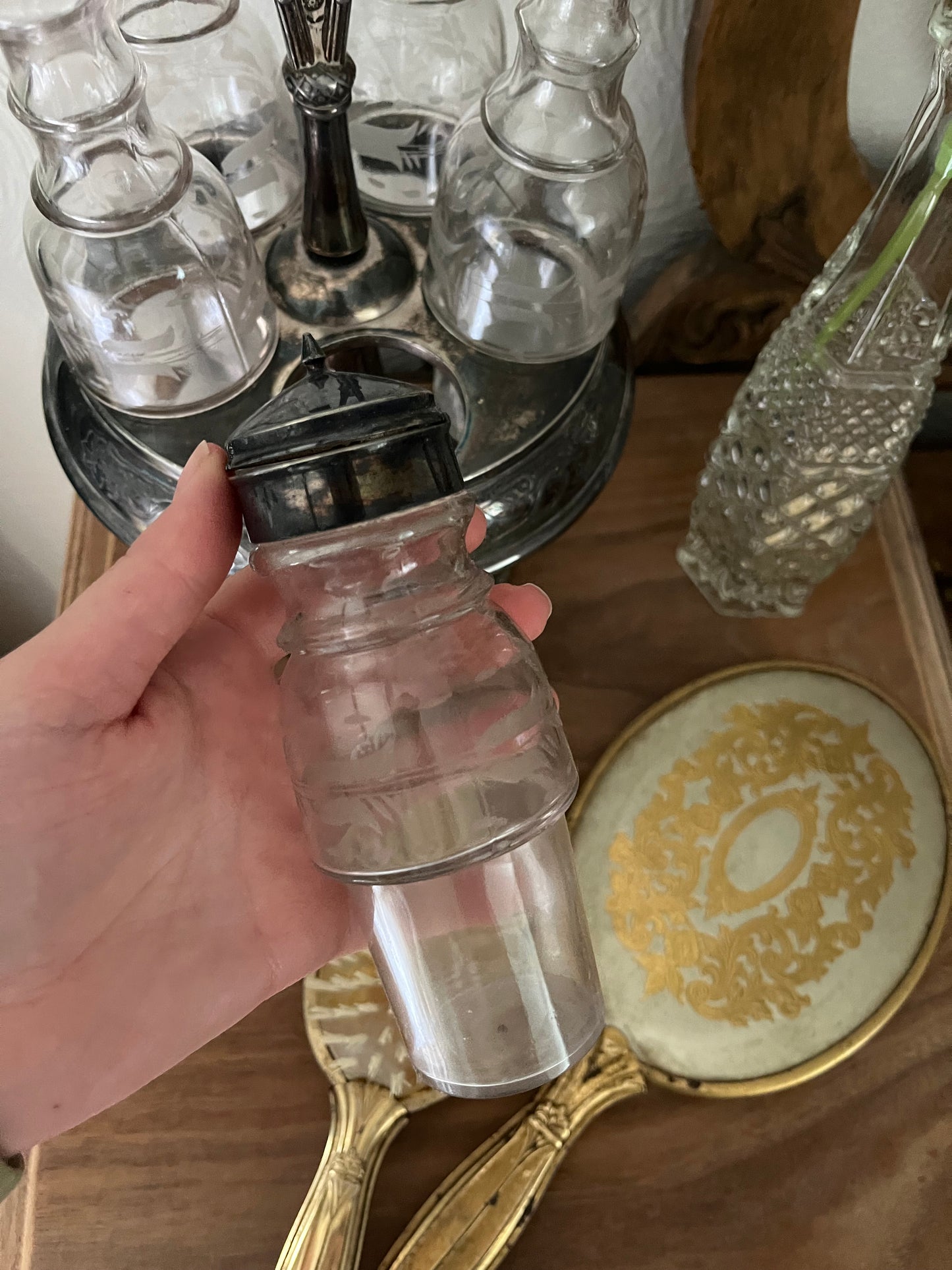 Antique Victorian Silver Plated Etched Cruet Condiment Set