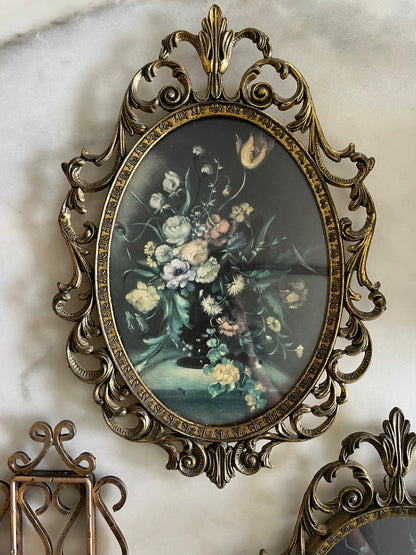 Set of 2 Vintage Ornate Brass Frames with Floral Prints (made in Italy)