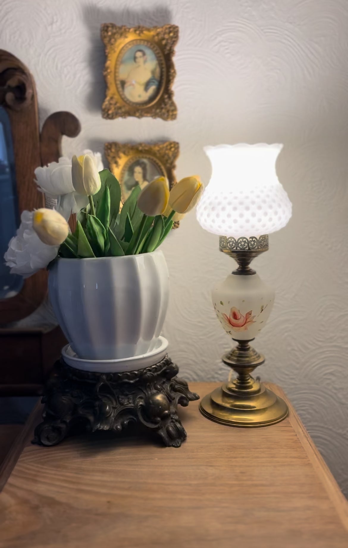 Vintage Brass Floral Lamp with Milk Glass Hobnail Shade