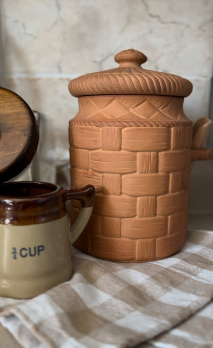 Terra Cotta Basket Weave Canister (with wooden spoon)