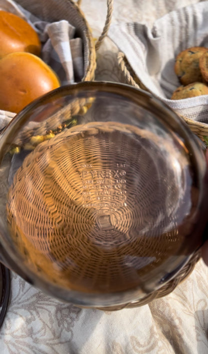 Brown Glass Pyrex in Basket