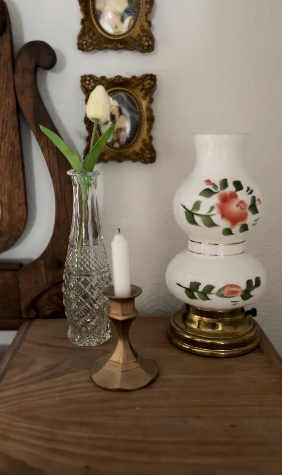 1950s Hand Painted Floral Milk Glass Lamp (2 available)