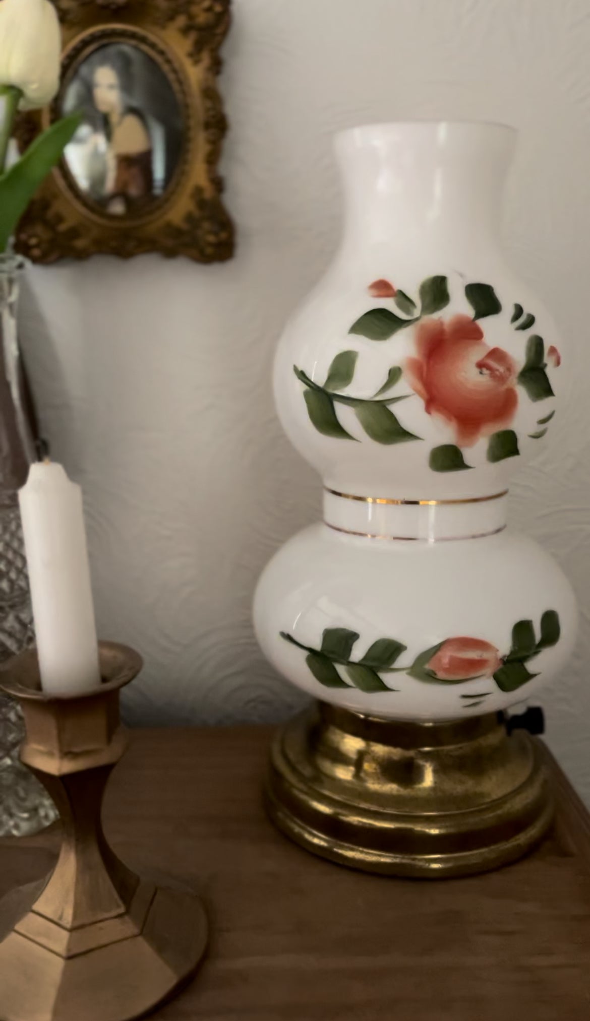 1950s Hand Painted Floral Milk Glass Lamp (2 available)