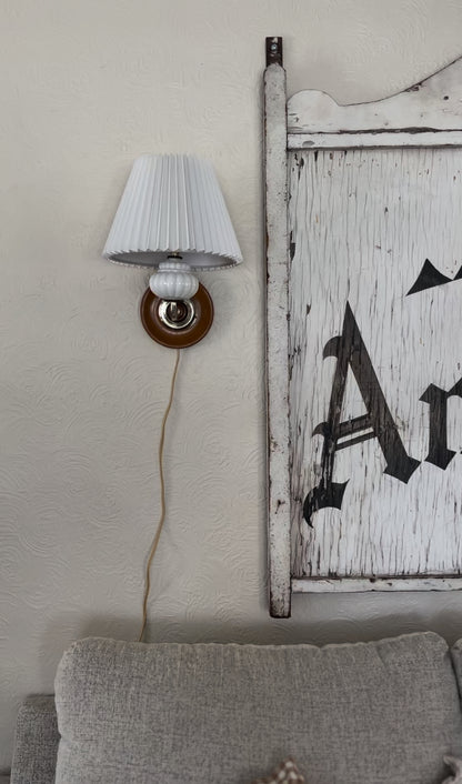 Vintage Milk Glass and Wood Wall-Mounted Lamp with Plug