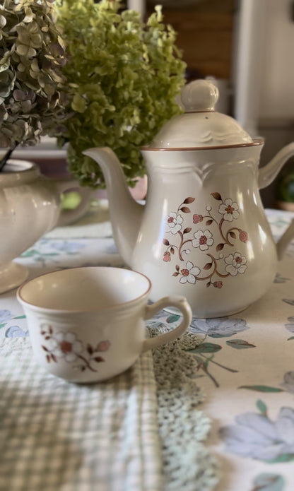 Pink Floral Stoneware Teapot and Set of 6 Teacups