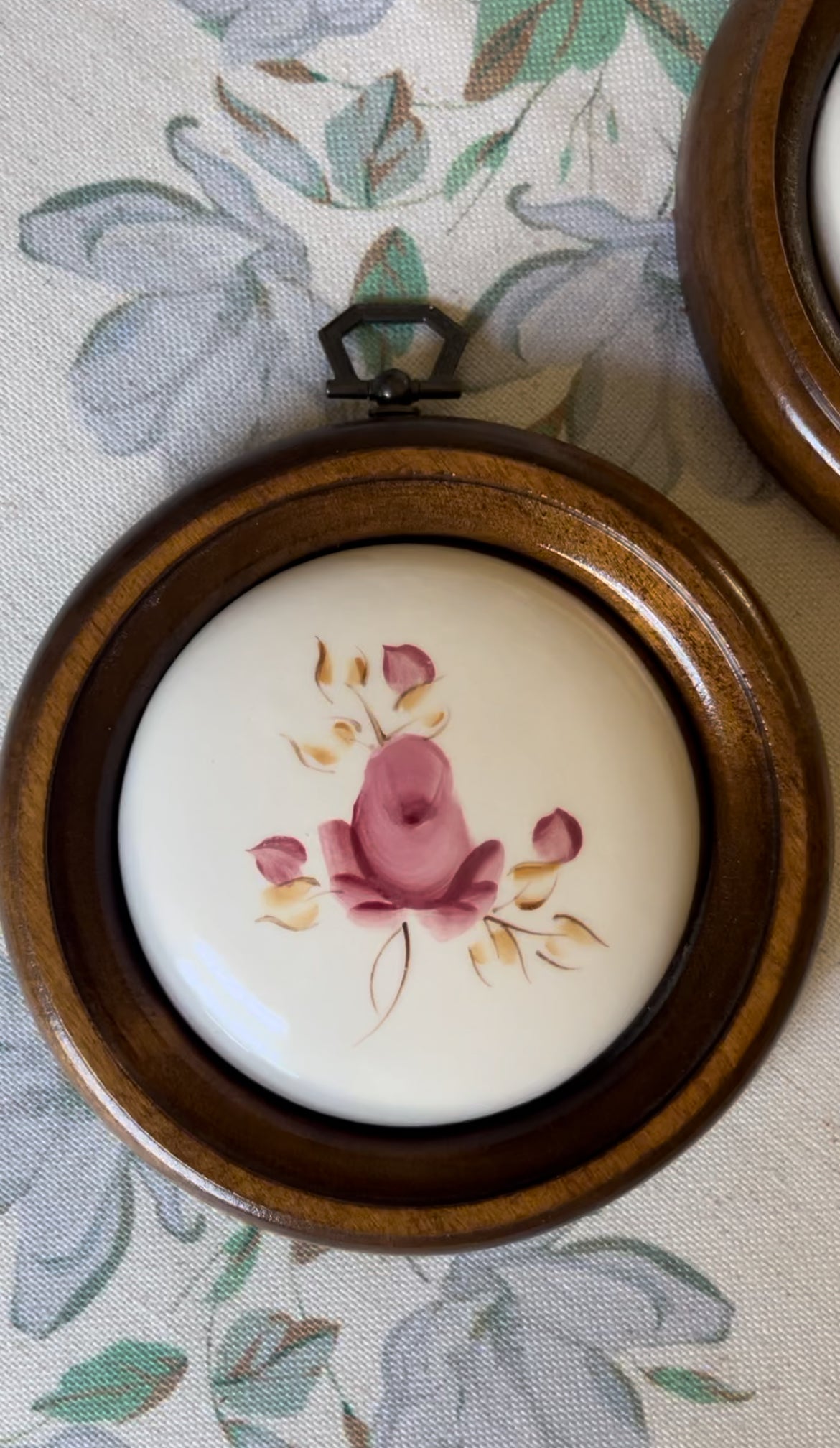 Hand-painted Pink Rose Ceramic Art in Wooden Frames (1 frame left)