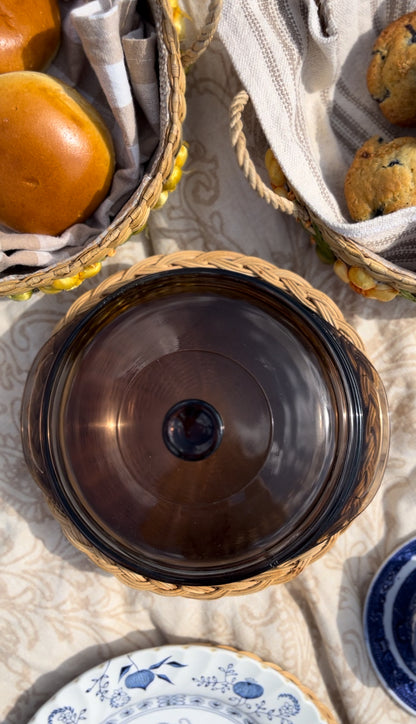 Brown Glass Pyrex in Basket