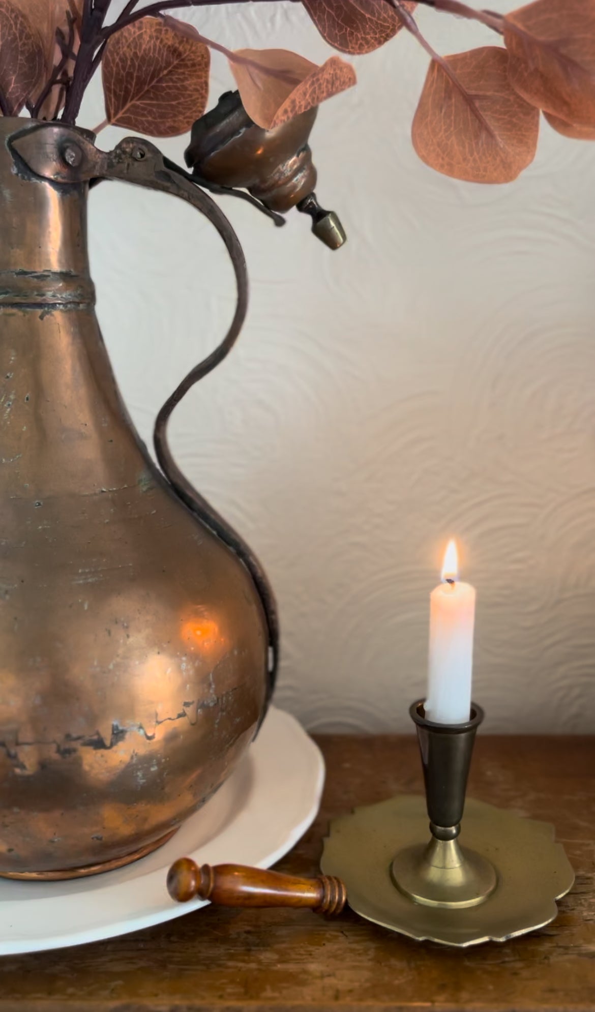 Brass Leaf Candle Holder with Wooden Handle