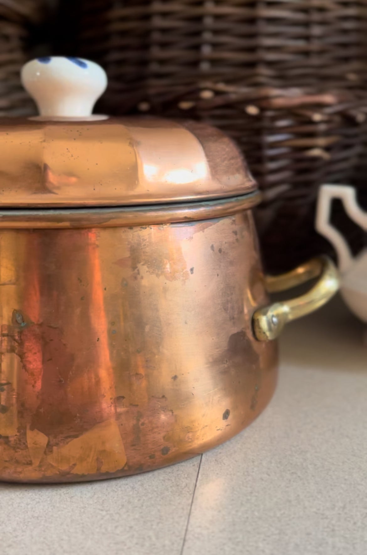 Vintage Copper Pot with Brass Handles and Blue/White Knob