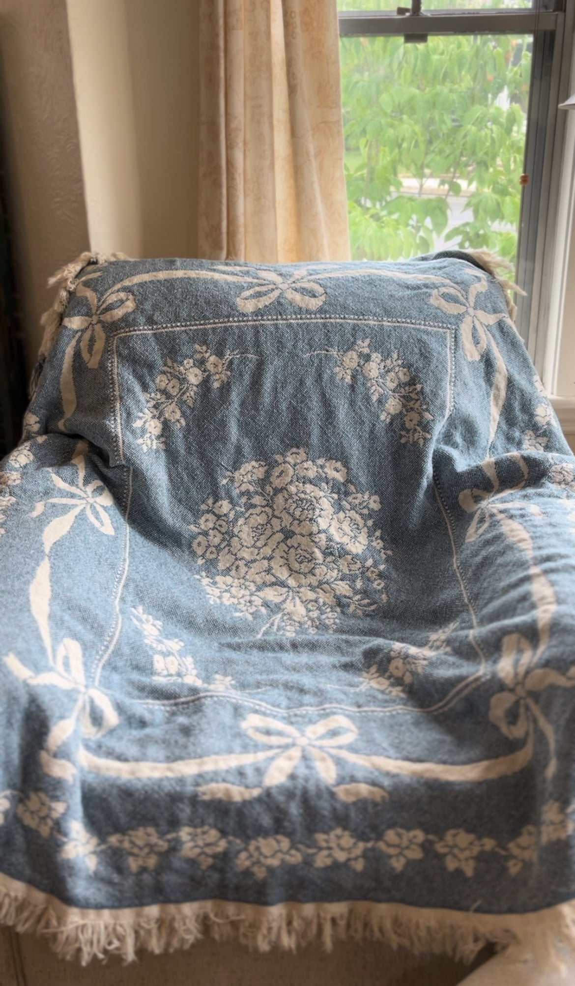 Vintage Blue and White Country Posies Cotton Throw Blanket from Avon Bedding