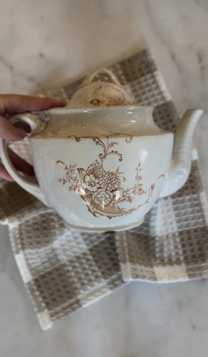 White Ceramic Teapot with Brown Floral Design