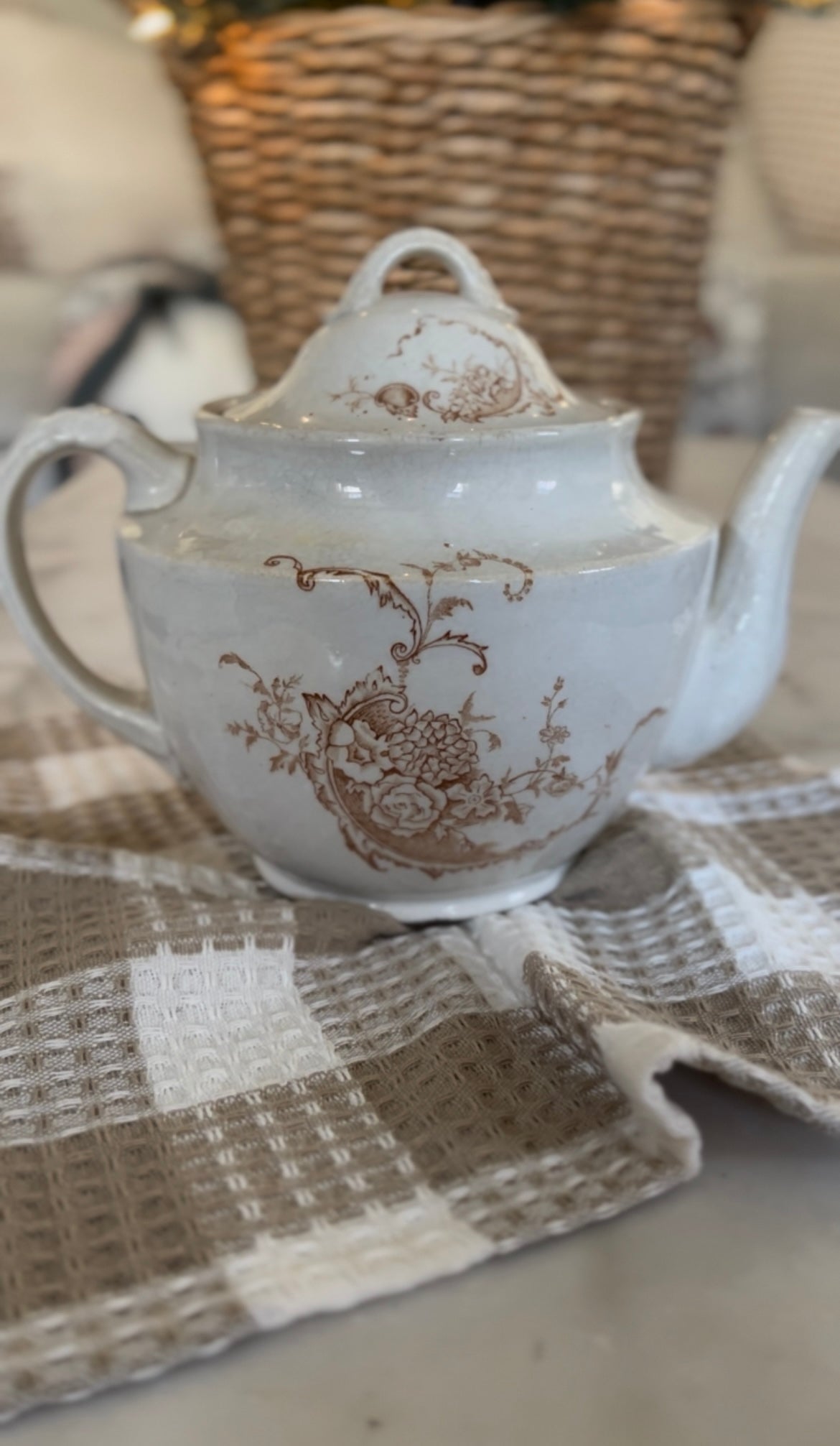 White Ceramic Teapot with Brown Floral Design