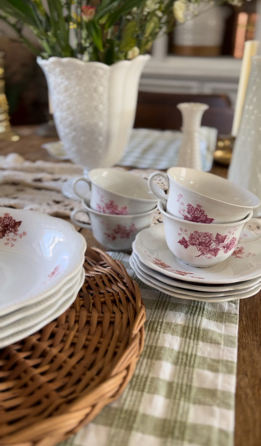 Antique Homer Laughlin "The Angelus" Set of Four Floral Red and Pink Teacups, Saucers, and Plates