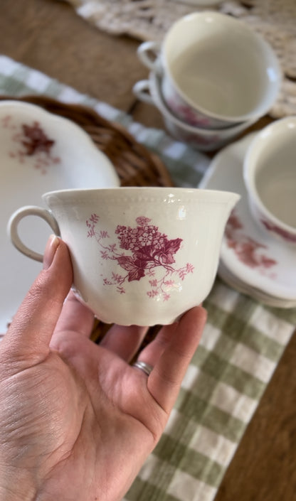 Antique Homer Laughlin "The Angelus" Set of Four Floral Red and Pink Teacups, Saucers, and Plates